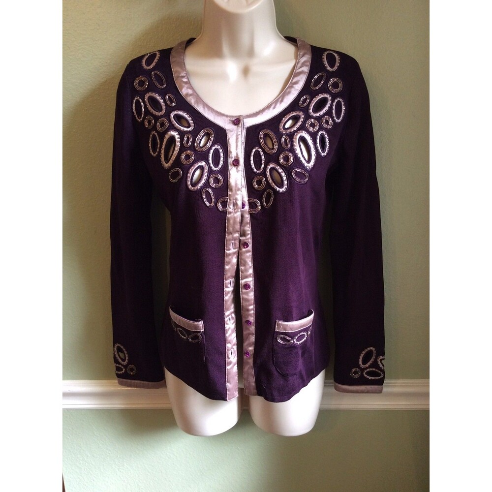 Courage b Women's Cardigan Sweater Plum Purple Small Medium Embellished Designer
